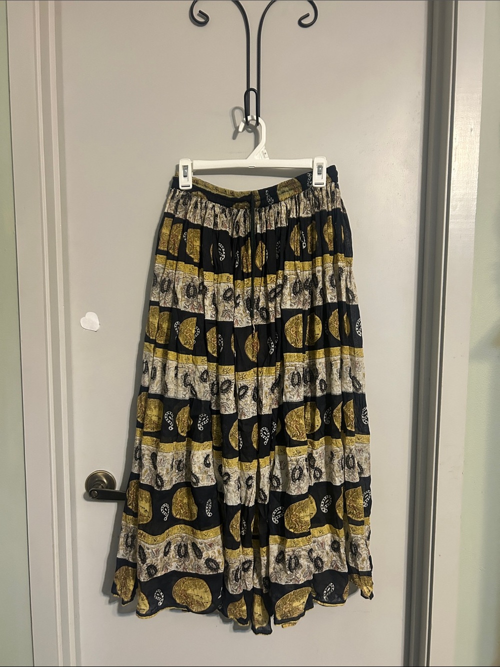 Bohemian Black and Mustard Patterned Tiered Maxi Skirt